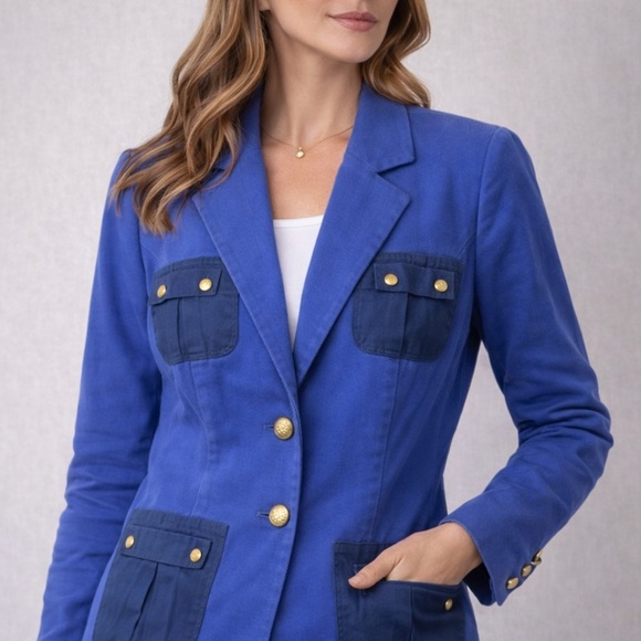 CAbi Jackets & Blazers - Blue Blazer Gold Button Utility Jacket Cotton Stretch Size 6 CAbi
